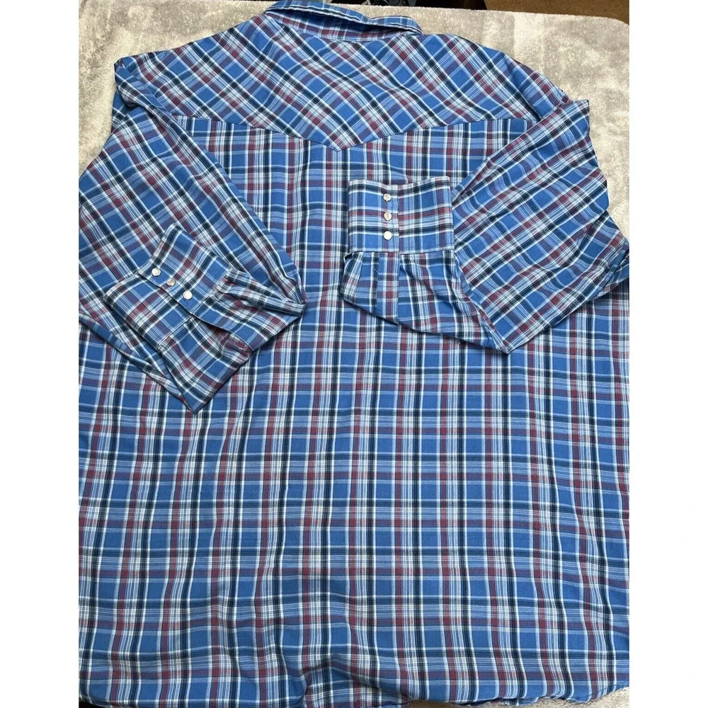 Wrangler Shirt Men's 3XL Western Cowboy Rancher Pearl Snap Plaid Blue Red Rodeo - Picture 2 of 7